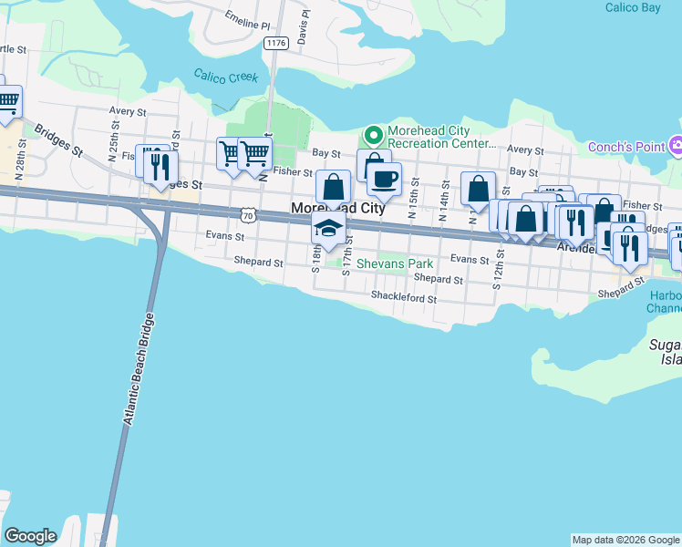map of restaurants, bars, coffee shops, grocery stores, and more near 1709 Shepard Street in Morehead City