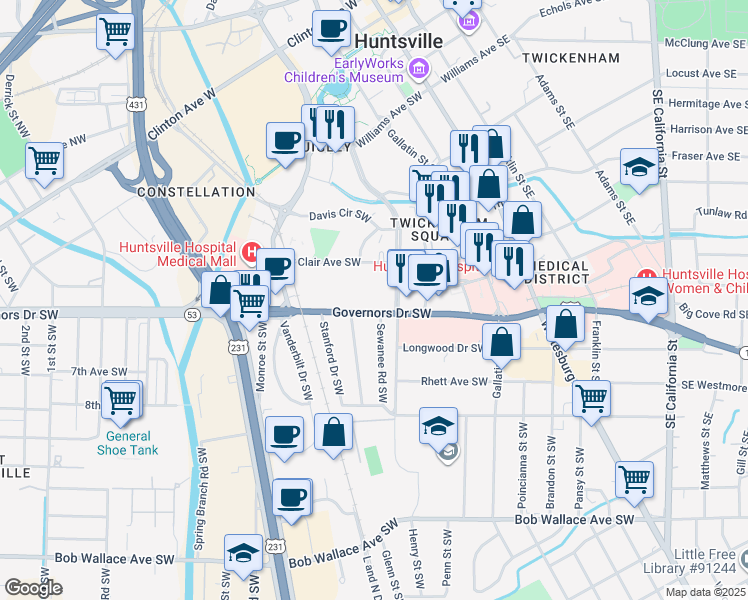 map of restaurants, bars, coffee shops, grocery stores, and more near 500 Governors Drive Southwest in Huntsville