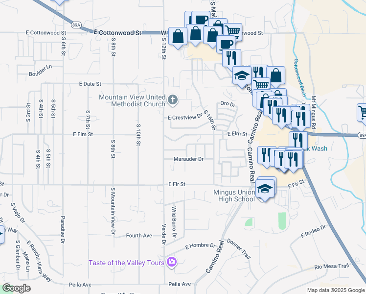 map of restaurants, bars, coffee shops, grocery stores, and more near 1316 5 Star Boulevard in Cottonwood