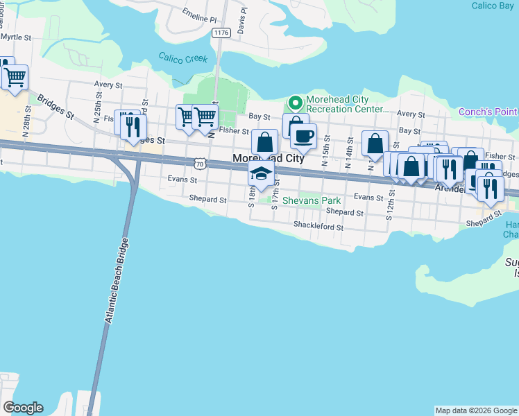 map of restaurants, bars, coffee shops, grocery stores, and more near 1709 Shepard Street in Morehead City