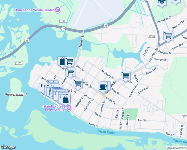 map of restaurants, bars, coffee shops, grocery stores, and more near 615 Pine Street in Beaufort