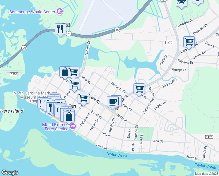 map of restaurants, bars, coffee shops, grocery stores, and more near 508 Pollock Street in Beaufort