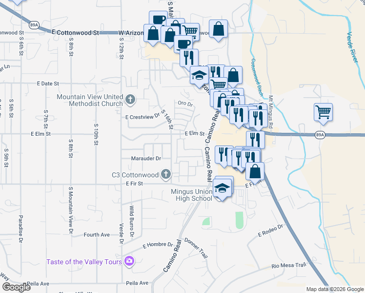 map of restaurants, bars, coffee shops, grocery stores, and more near 1714 Arroyo Seco in Cottonwood