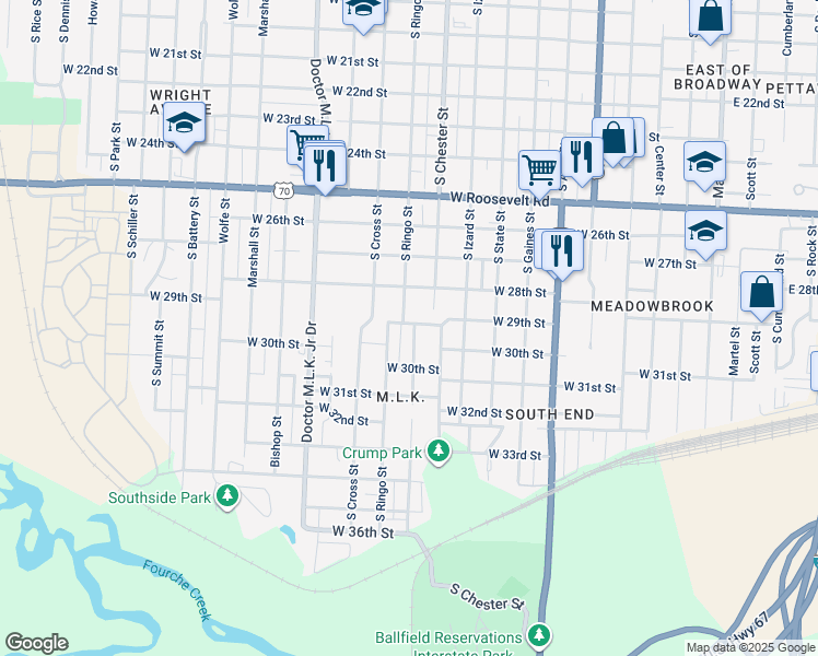 map of restaurants, bars, coffee shops, grocery stores, and more near 2902 South Chester Street in Little Rock