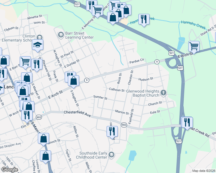 map of restaurants, bars, coffee shops, grocery stores, and more near 802 Hemmingway Drive in Lancaster
