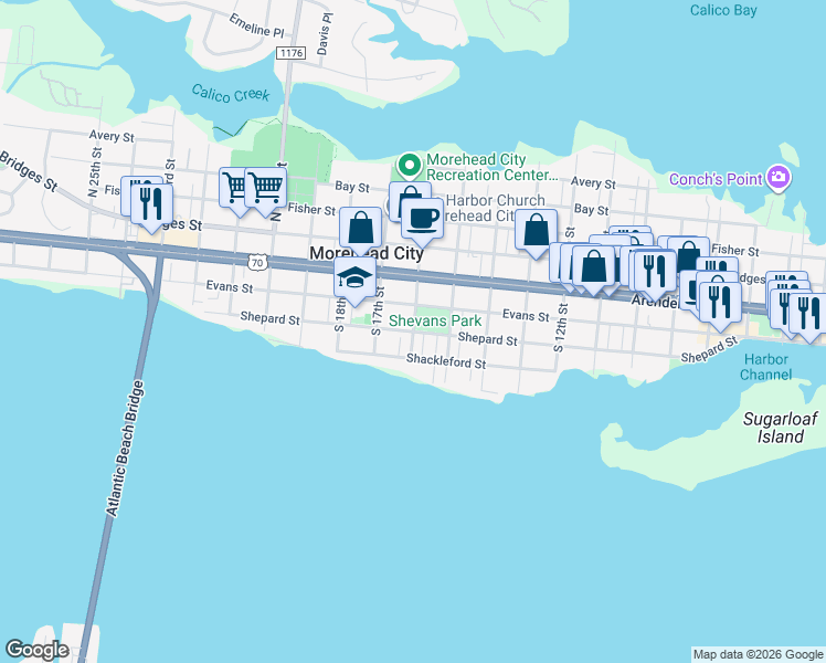 map of restaurants, bars, coffee shops, grocery stores, and more near 1598 Shepard St in Morehead City