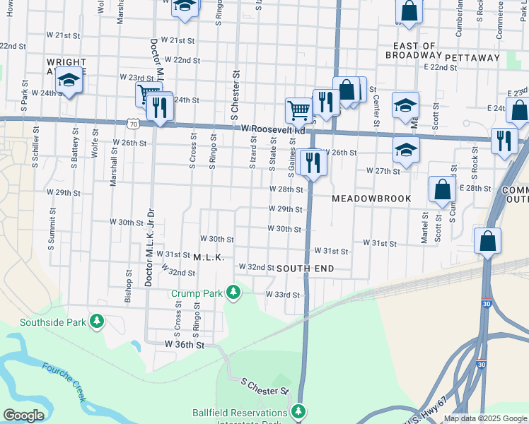 map of restaurants, bars, coffee shops, grocery stores, and more near 2900 S State St in Little Rock