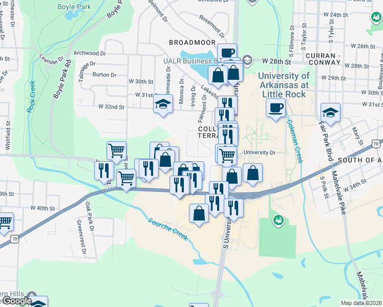 map of restaurants, bars, coffee shops, grocery stores, and more near 48 Purdue Circle in Little Rock