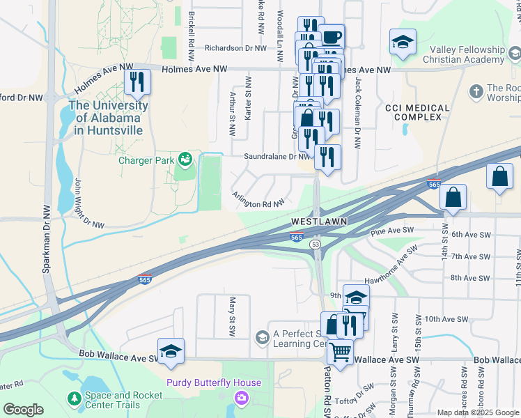 map of restaurants, bars, coffee shops, grocery stores, and more near 4203 Arlington Circle Northwest in Huntsville