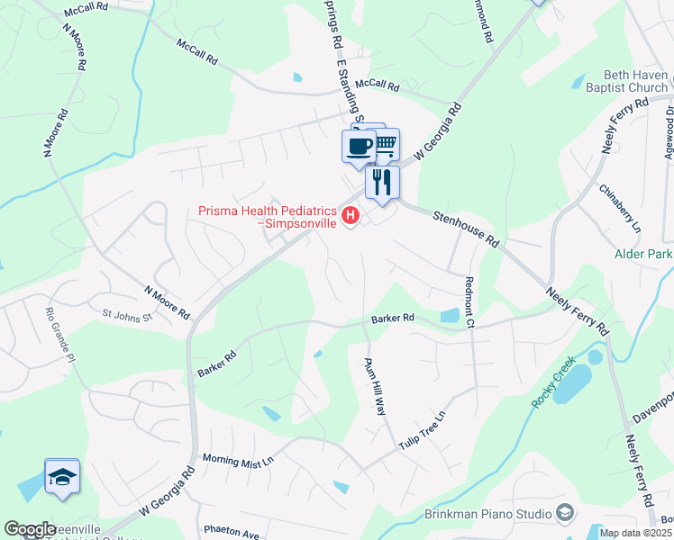 map of restaurants, bars, coffee shops, grocery stores, and more near 6 Heron Glen Way in Simpsonville