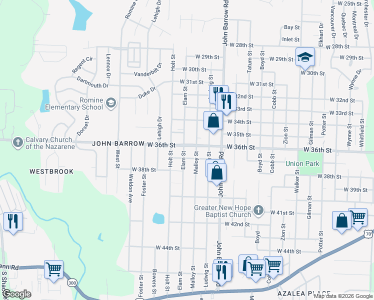 map of restaurants, bars, coffee shops, grocery stores, and more near 3605 Elam Street in Little Rock