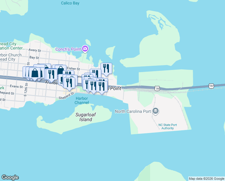 map of restaurants, bars, coffee shops, grocery stores, and more near 104 South 3rd Street in Morehead City