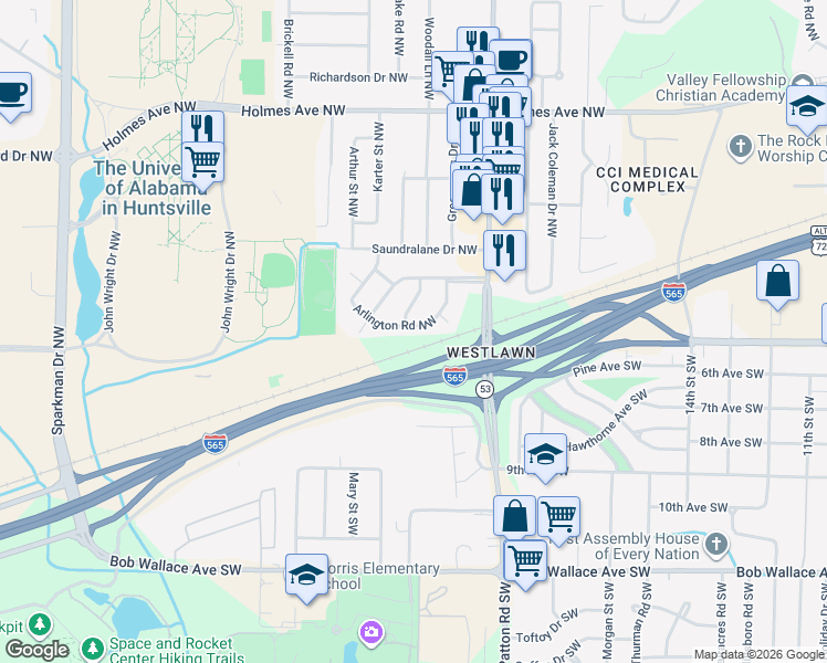 map of restaurants, bars, coffee shops, grocery stores, and more near 4203 Arlington Circle Northwest in Huntsville