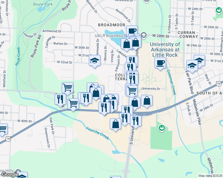 map of restaurants, bars, coffee shops, grocery stores, and more near 48 Purdue Circle in Little Rock