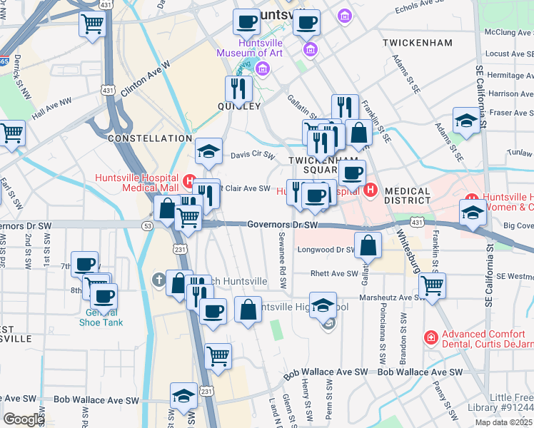 map of restaurants, bars, coffee shops, grocery stores, and more near 502 Governors Drive Southwest in Huntsville
