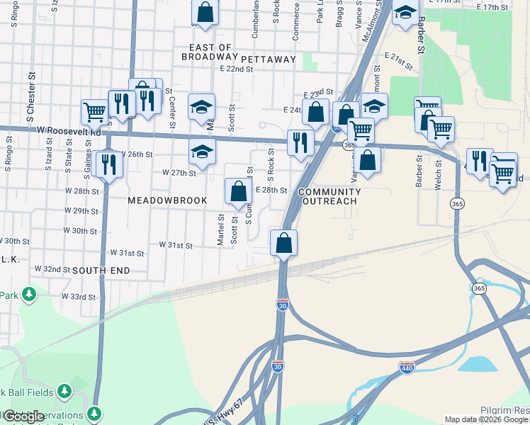 map of restaurants, bars, coffee shops, grocery stores, and more near 25 New Horizon Lane in Little Rock