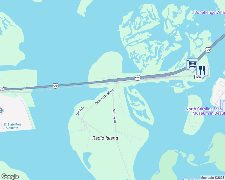 map of restaurants, bars, coffee shops, grocery stores, and more near 132 Radio Island Road in Beaufort