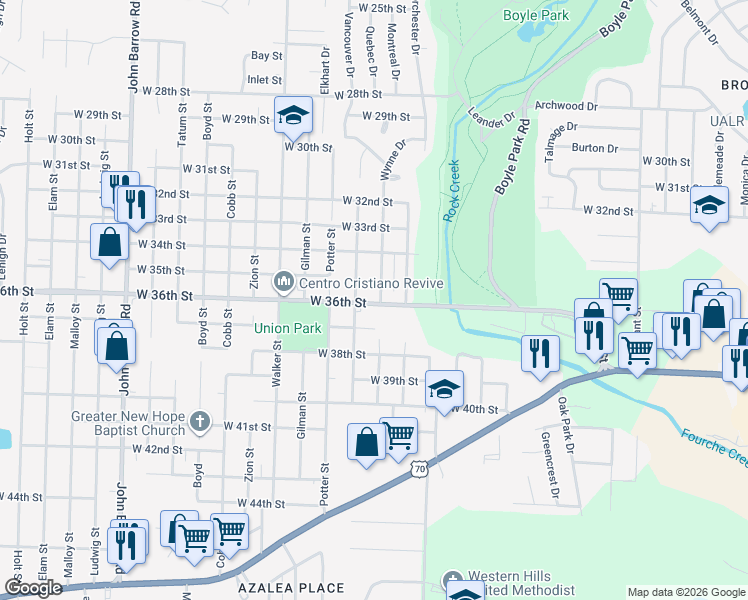 map of restaurants, bars, coffee shops, grocery stores, and more near 3524 Wynne Street in Little Rock