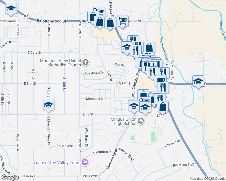 map of restaurants, bars, coffee shops, grocery stores, and more near 1040 South 16th Place in Cottonwood