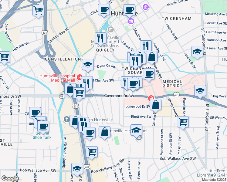 map of restaurants, bars, coffee shops, grocery stores, and more near 502 Governors Drive Southwest in Huntsville