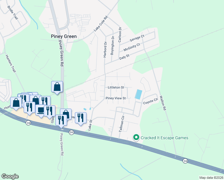 map of restaurants, bars, coffee shops, grocery stores, and more near 1100 11th Street in Piney Green