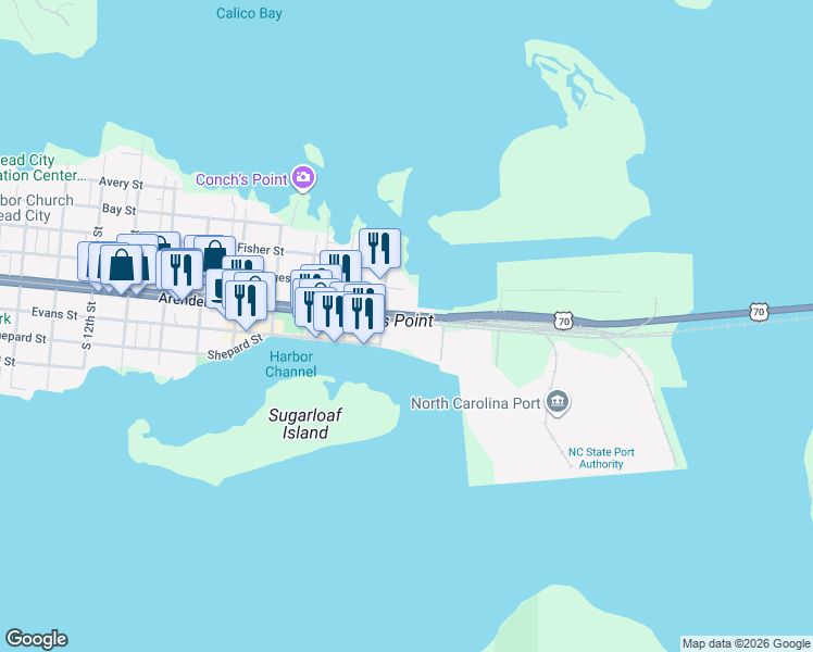 map of restaurants, bars, coffee shops, grocery stores, and more near 104 South 3rd Street in Morehead City