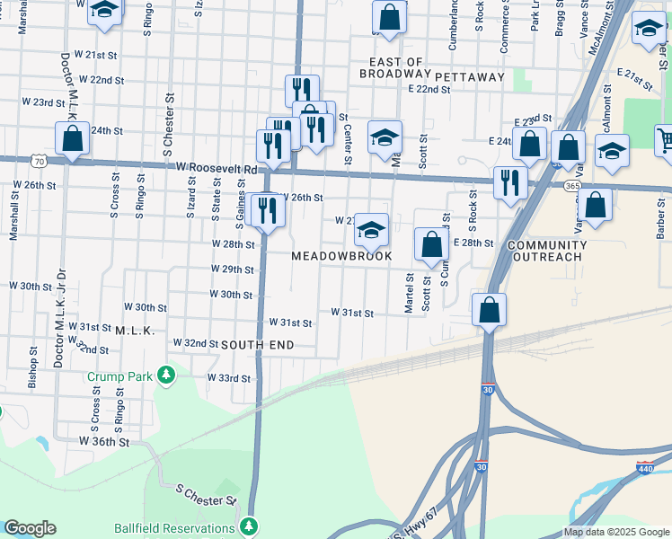map of restaurants, bars, coffee shops, grocery stores, and more near 2900 Center Street in Little Rock
