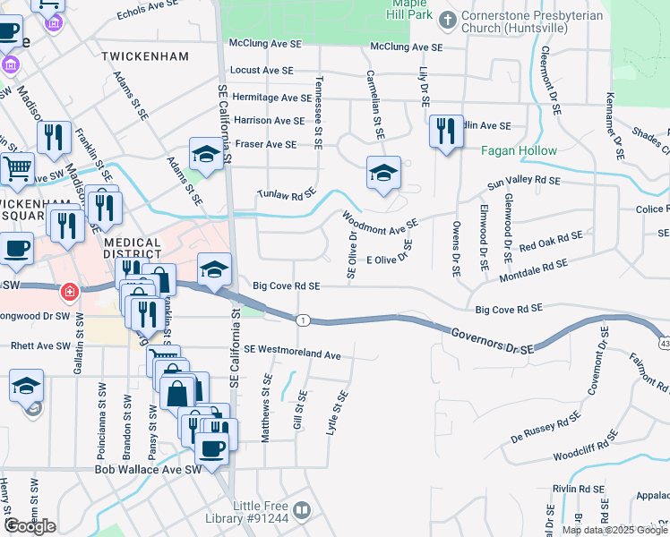 map of restaurants, bars, coffee shops, grocery stores, and more near 1502 Lowell Drive Southeast in Huntsville