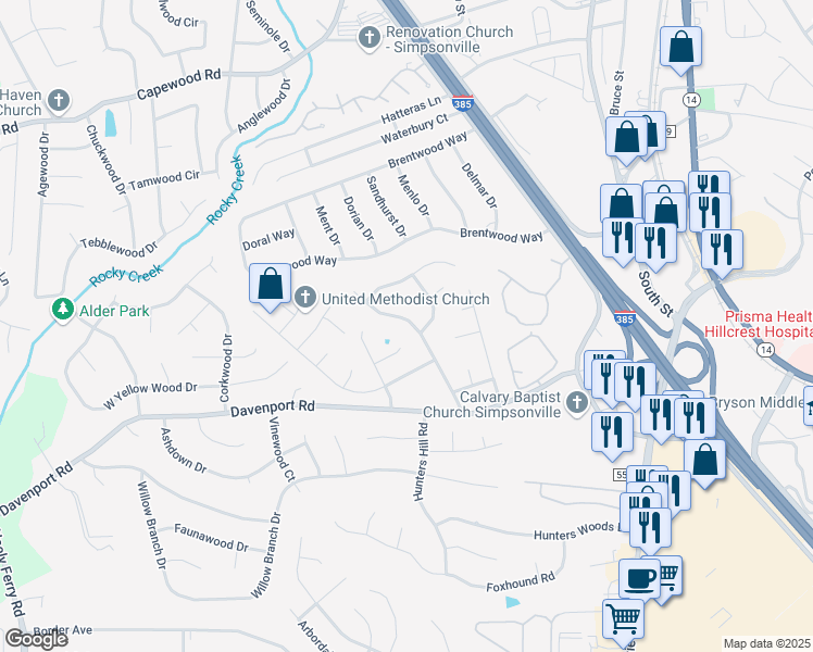 map of restaurants, bars, coffee shops, grocery stores, and more near 403 Spring Meadow Road in Simpsonville