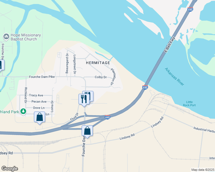 map of restaurants, bars, coffee shops, grocery stores, and more near 1 Shelby Circle in Little Rock
