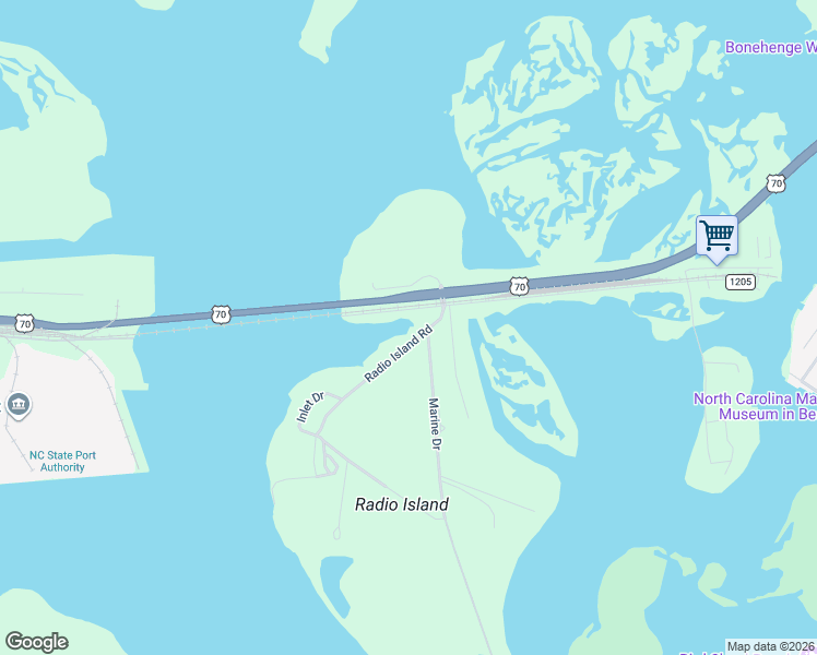 map of restaurants, bars, coffee shops, grocery stores, and more near 132-220 Radio Island Rd in Beaufort