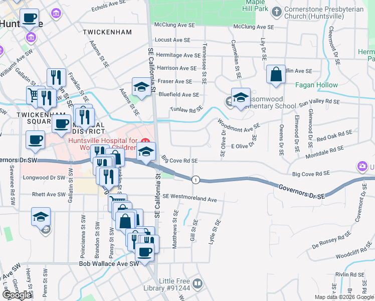 map of restaurants, bars, coffee shops, grocery stores, and more near 1600 Hopkins Street Southeast in Huntsville