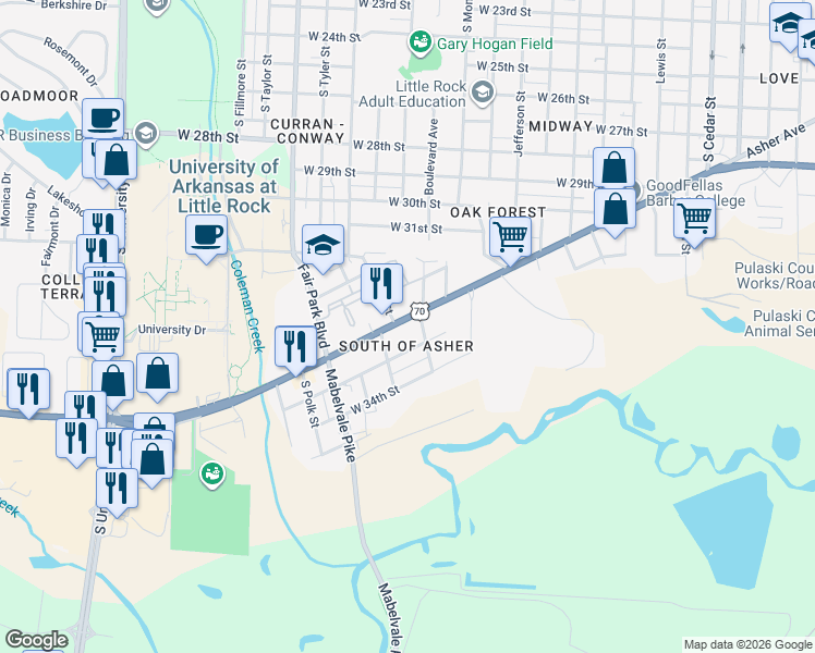 map of restaurants, bars, coffee shops, grocery stores, and more near 5103 Asher Avenue in Little Rock