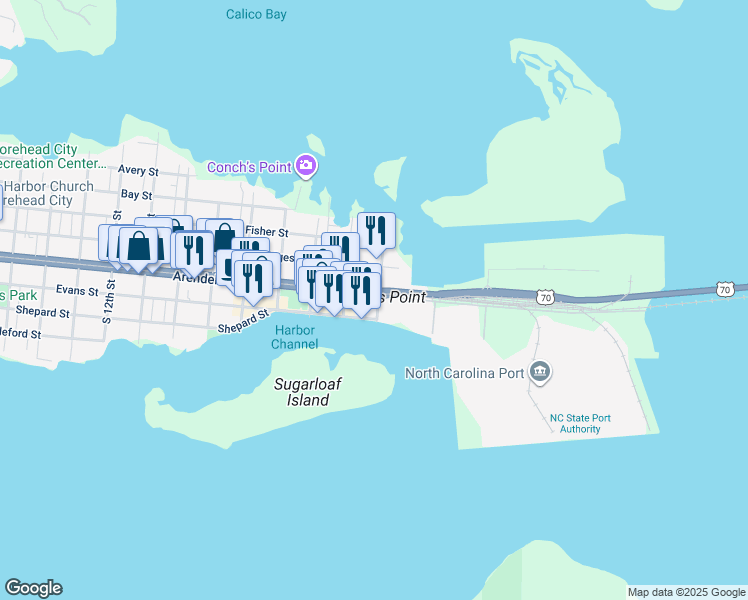 map of restaurants, bars, coffee shops, grocery stores, and more near 401 Arendell Street in Morehead City