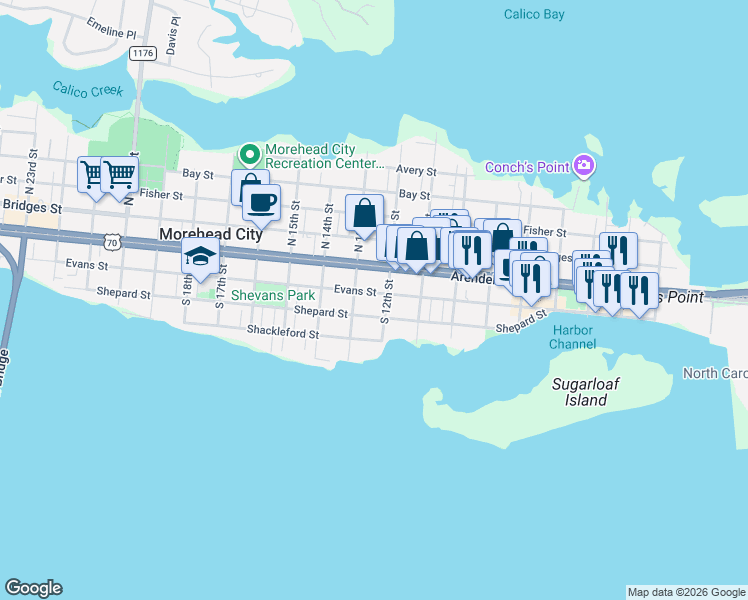 map of restaurants, bars, coffee shops, grocery stores, and more near 1205 Evans Street in Morehead City