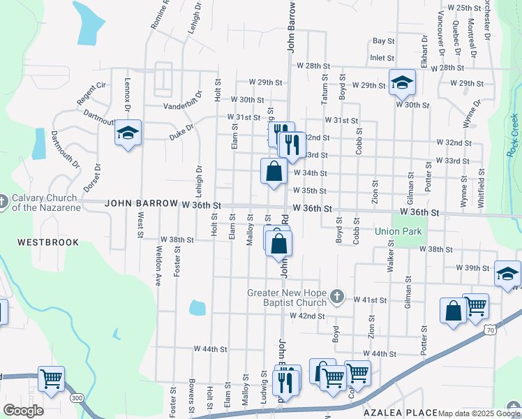 map of restaurants, bars, coffee shops, grocery stores, and more near 8915 West 36th Street in Little Rock