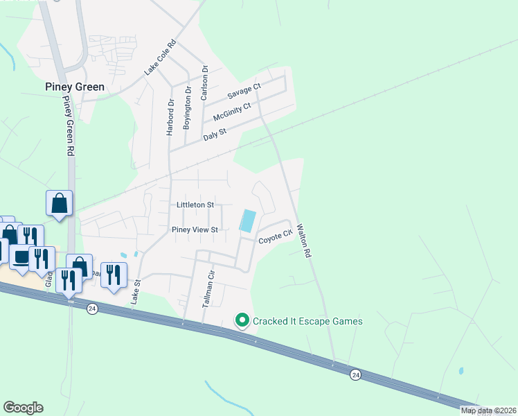 map of restaurants, bars, coffee shops, grocery stores, and more near 682 Chipmunk Lane in Piney Green