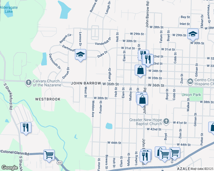 map of restaurants, bars, coffee shops, grocery stores, and more near 3600 Bowers Street in Little Rock