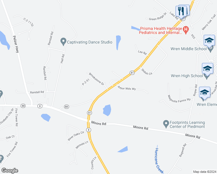 map of restaurants, bars, coffee shops, grocery stores, and more near 100 Brookstone Drive in Easley