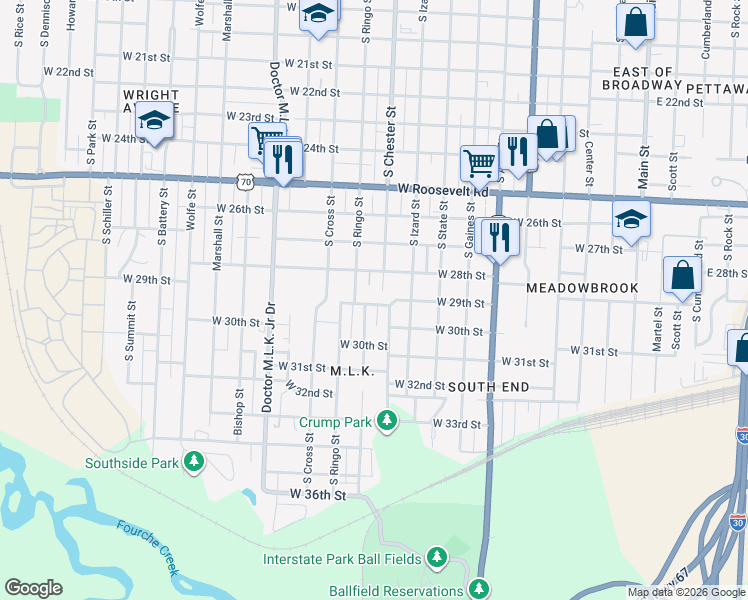 map of restaurants, bars, coffee shops, grocery stores, and more near 2902 South Chester Street in Little Rock