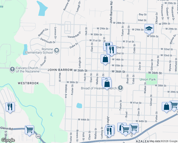 map of restaurants, bars, coffee shops, grocery stores, and more near 3605 Elam Street in Little Rock