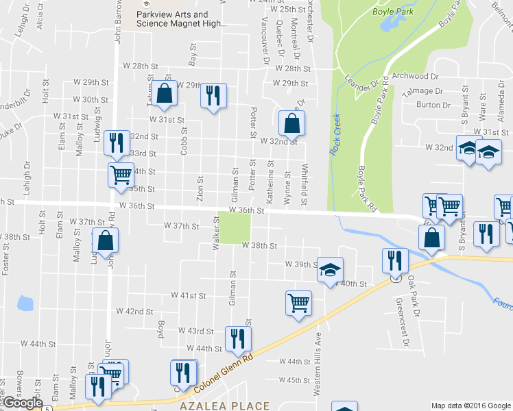 map of restaurants, bars, coffee shops, grocery stores, and more near 7924 West 36th Street in Little Rock