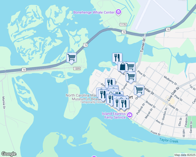 map of restaurants, bars, coffee shops, grocery stores, and more near 119 Ann Street in Beaufort