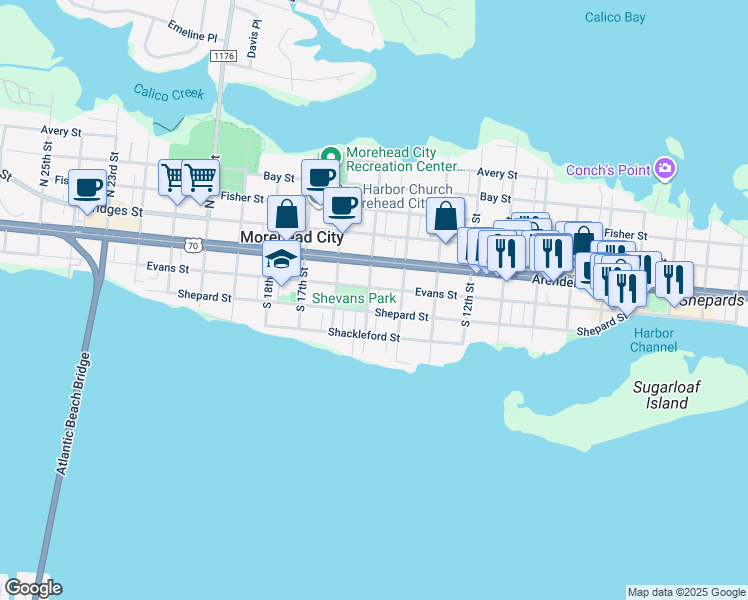 map of restaurants, bars, coffee shops, grocery stores, and more near 205 South 15th Street in Morehead City
