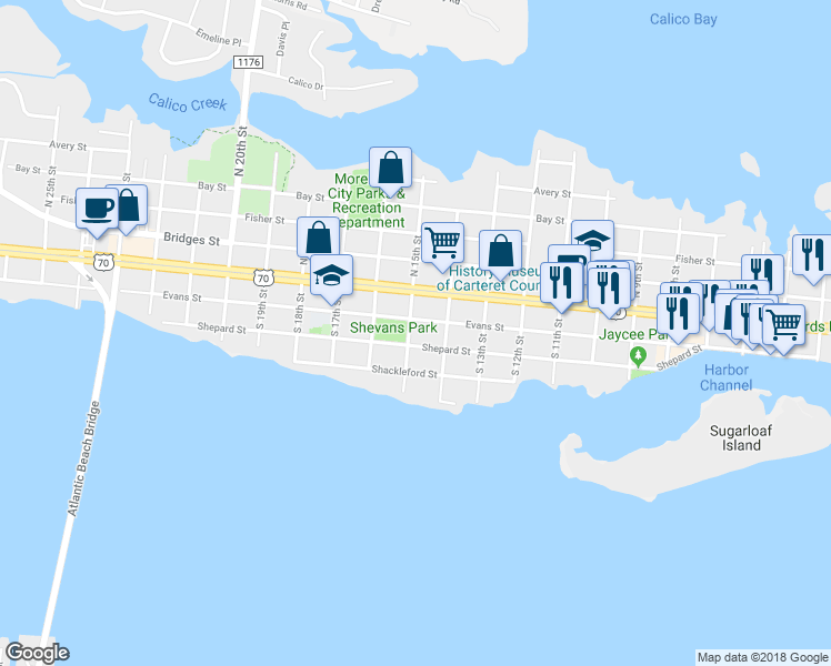 map of restaurants, bars, coffee shops, grocery stores, and more near 205 South 15th Street in Morehead City