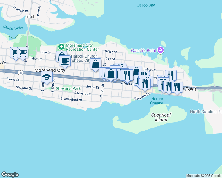 map of restaurants, bars, coffee shops, grocery stores, and more near 1110 Evans St in Morehead City