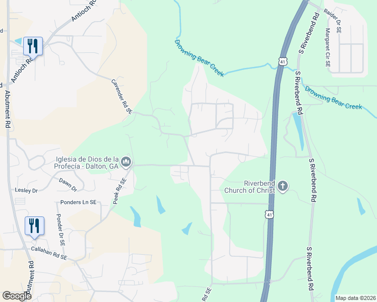 map of restaurants, bars, coffee shops, grocery stores, and more near 981 Cavender Road Southeast in Dalton