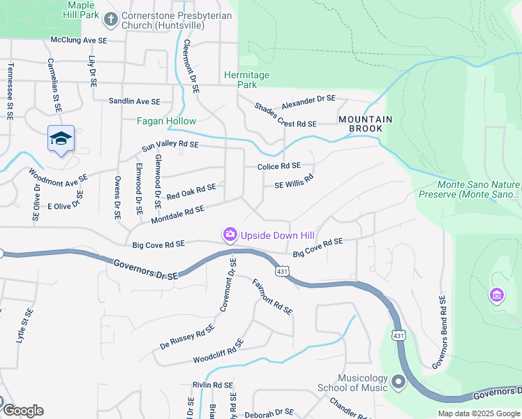 map of restaurants, bars, coffee shops, grocery stores, and more near 1701 Southeast Mountainbrook Drive in Huntsville