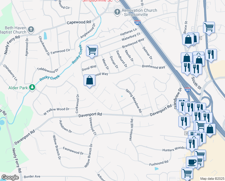 map of restaurants, bars, coffee shops, grocery stores, and more near 211 Picton Place in Simpsonville