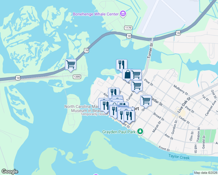 map of restaurants, bars, coffee shops, grocery stores, and more near 215 Moore Street in Beaufort